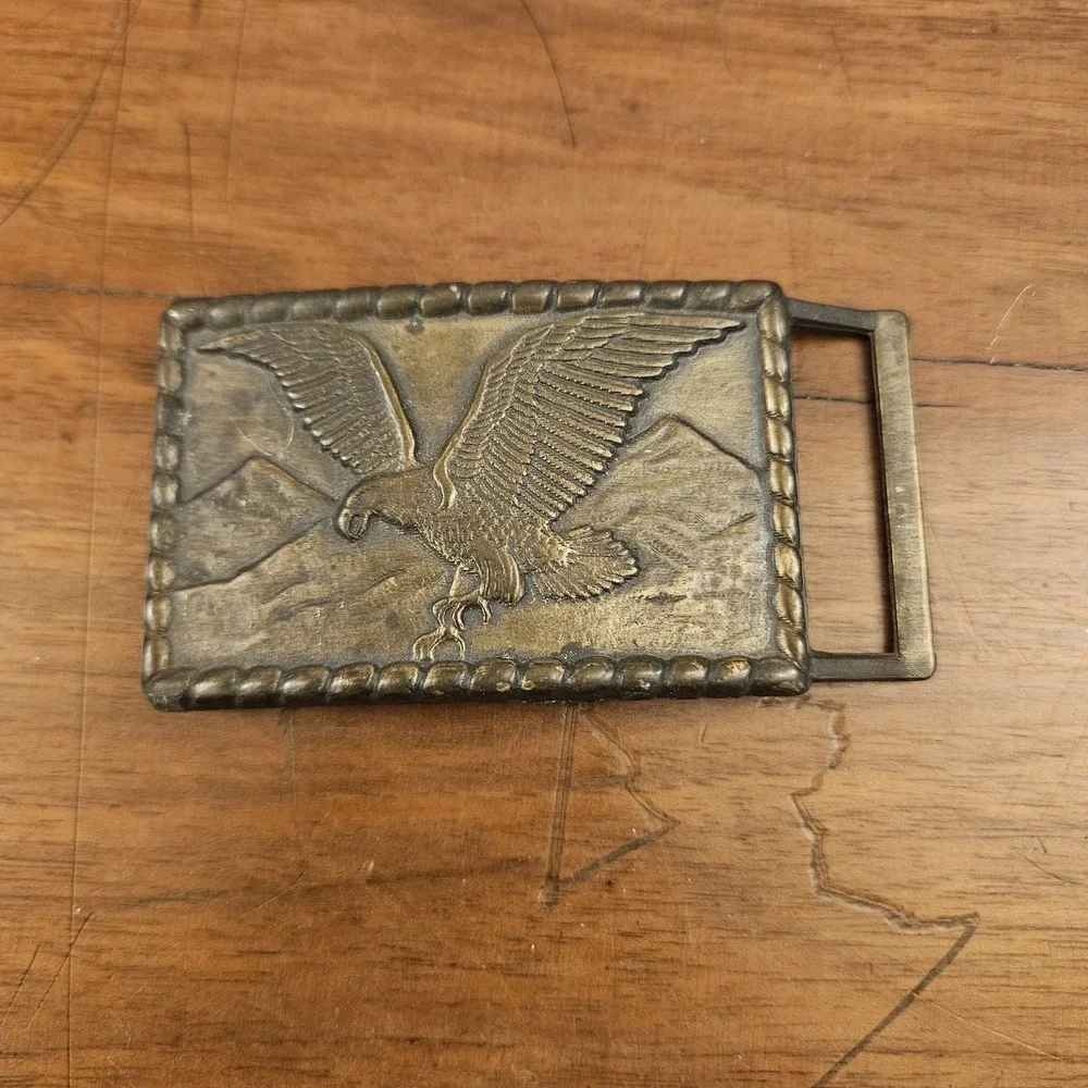 Vintage Brass Belt Buckle Eagle Soaring Mountain Range Bronze Toned Western